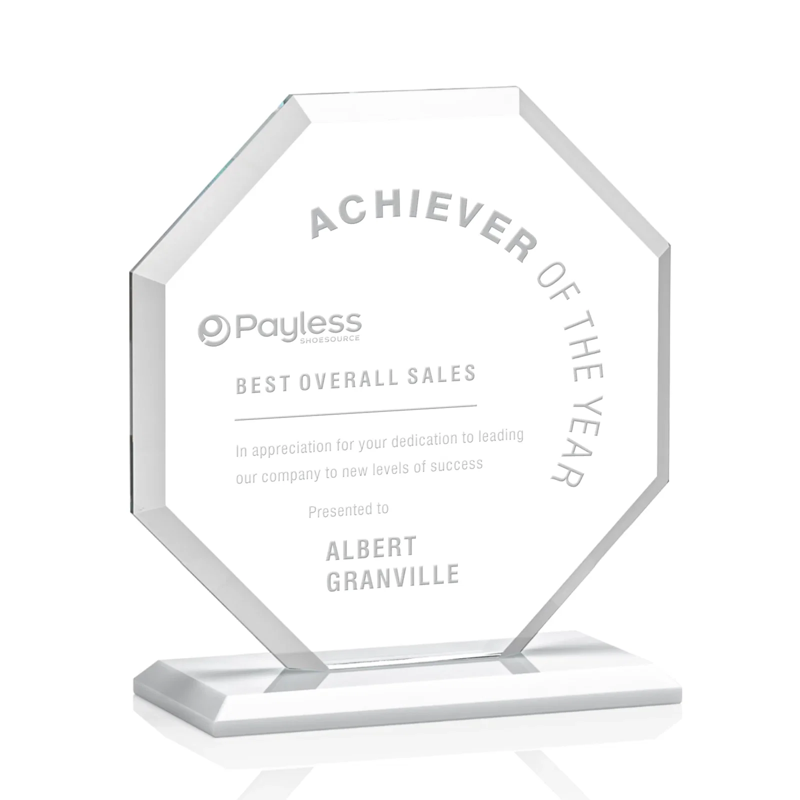 Branded Starfire Crystal Octagon Award with Deep Mitered Edges for retirement presentations
