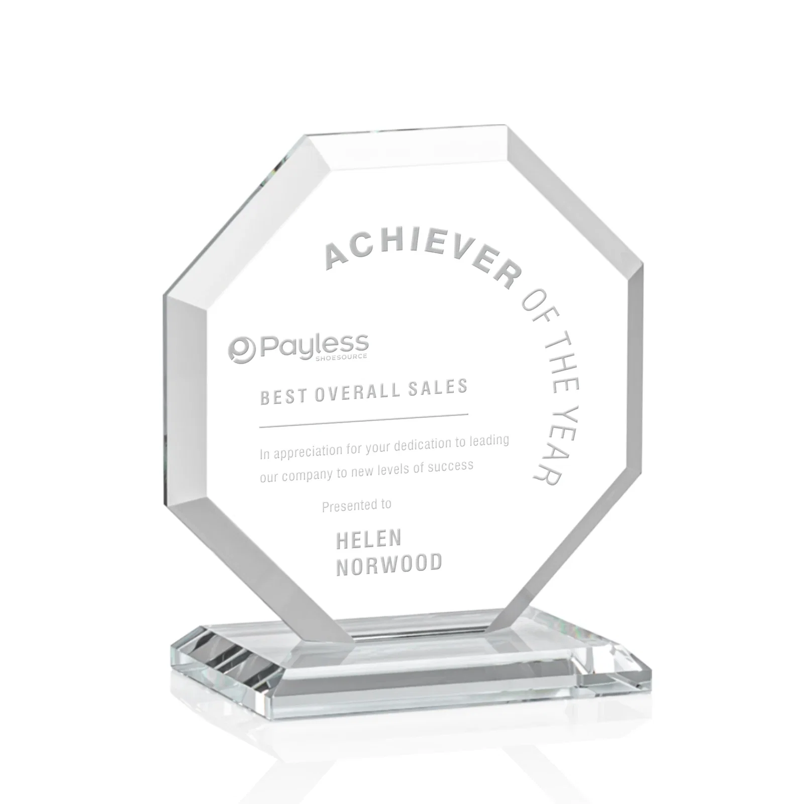 Branded Starfire Crystal Octagon Award with Deep Mitered Edges for safety achievement programs
