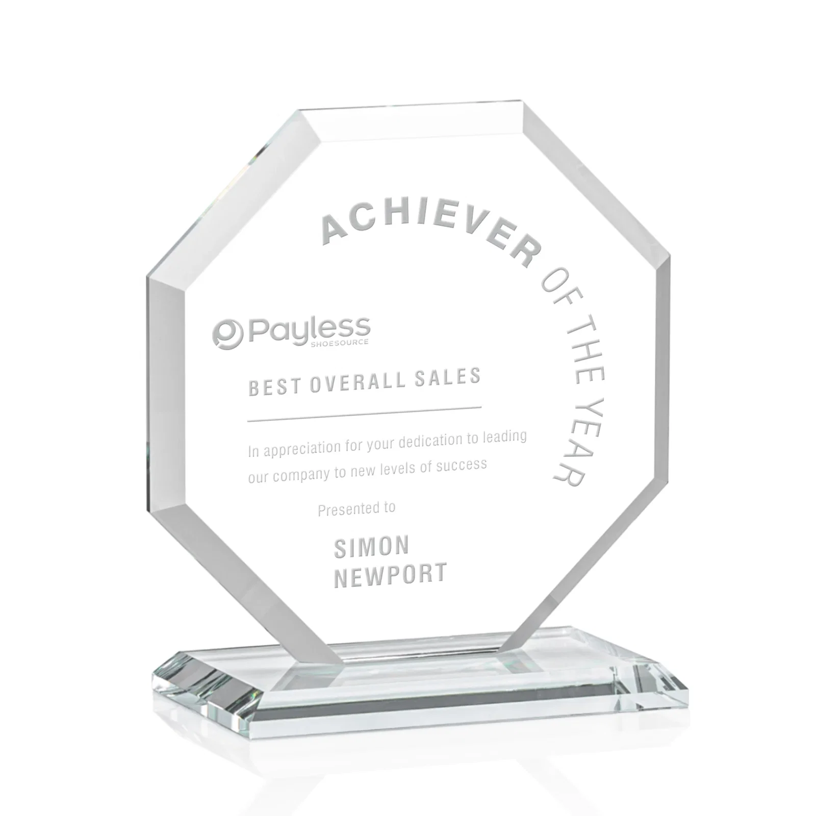 Branded Starfire Crystal Octagon Award with Deep Mitered Edges for volunteer appreciation
