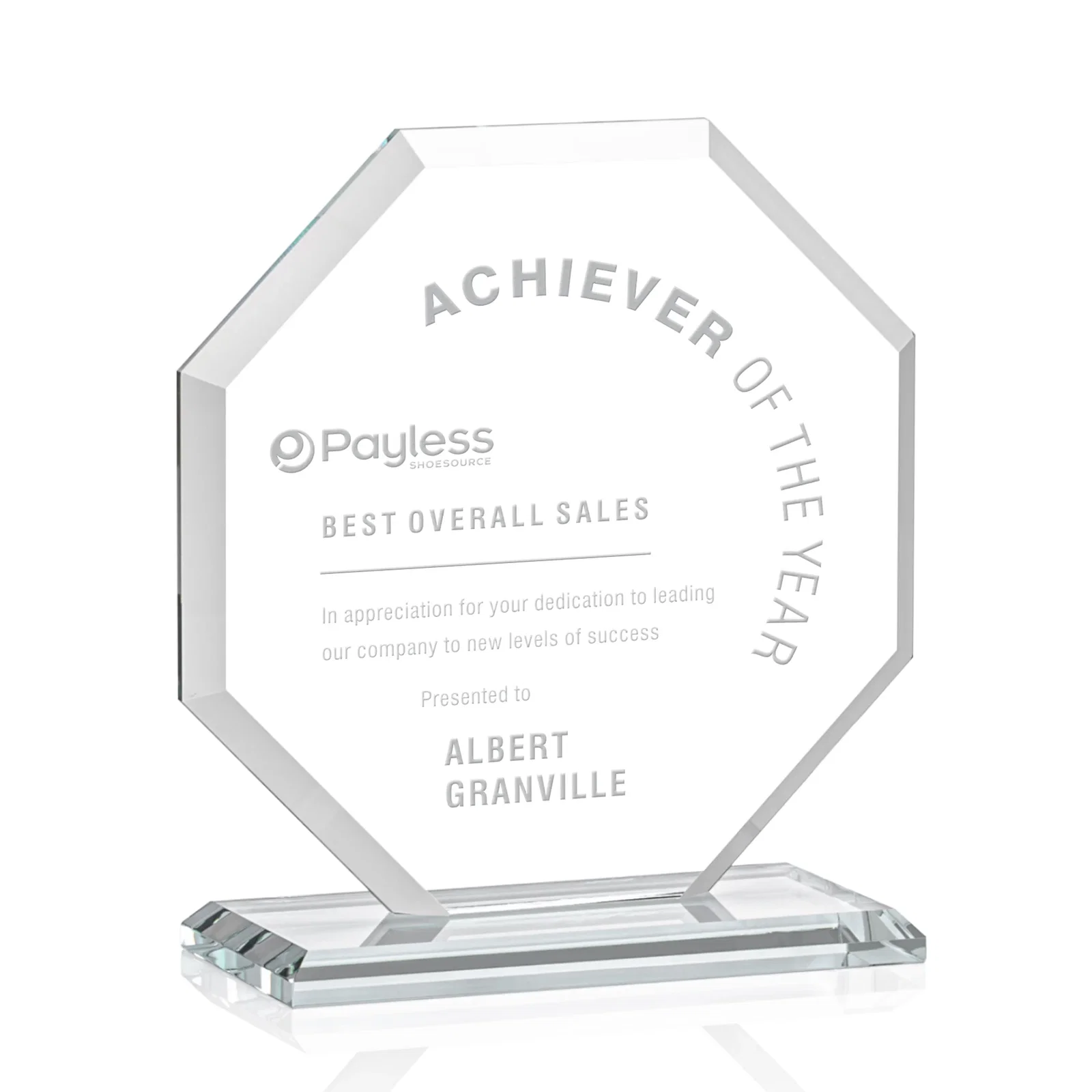 Branded Starfire Crystal Octagon Award with Deep Mitered Edges for dealer and partner awards