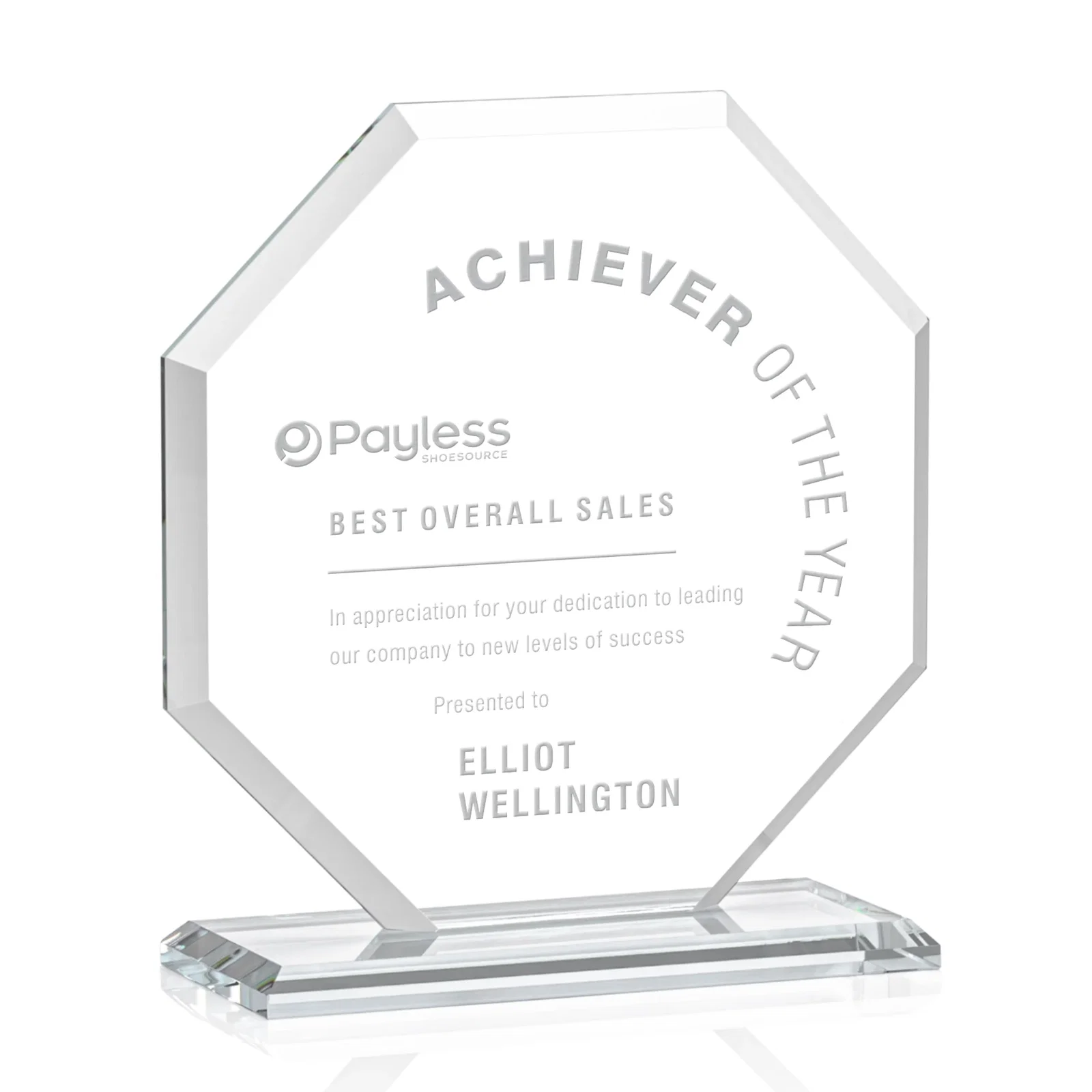 Branded Starfire Crystal Octagon Award with Deep Mitered Edges for company anniversary events