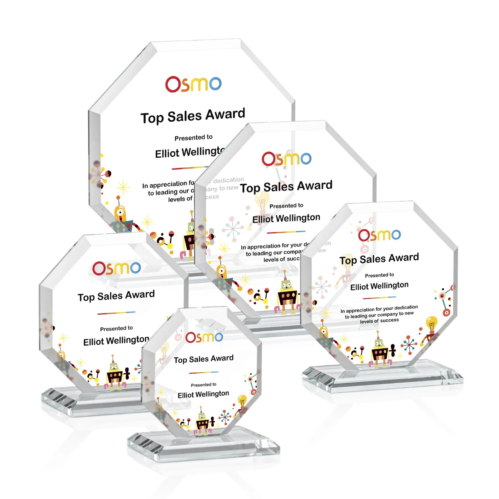 Custom printed Starfire Crystal Octagon Award with Deep Mitered Edges for employee recognition
