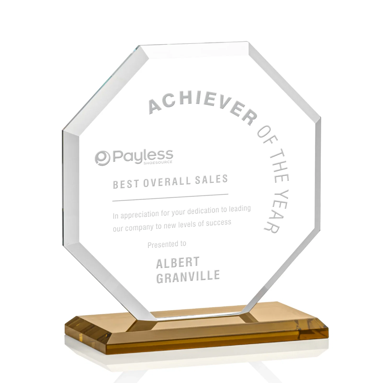 Custom Starfire Crystal Octagon Award with Deep Mitered Edges for retirement presentations