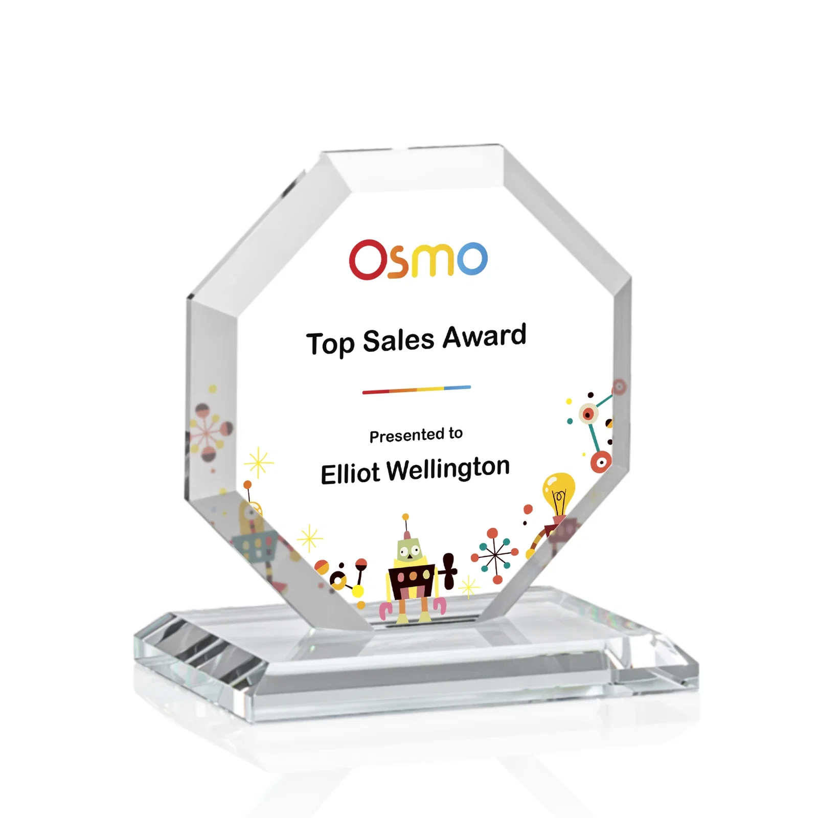 Custom printed Starfire Crystal Octagon Award with Deep Mitered Edges for corporate award ceremonies