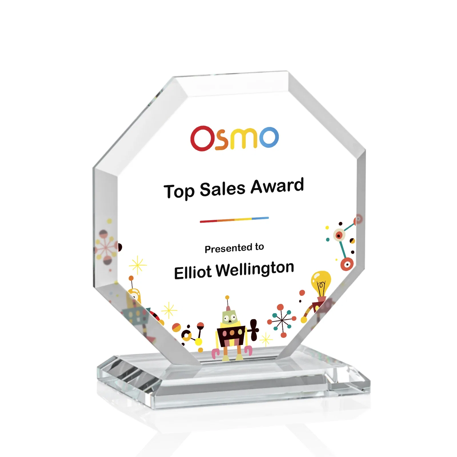 Custom printed Starfire Crystal Octagon Award with Deep Mitered Edges for service anniversary gifts