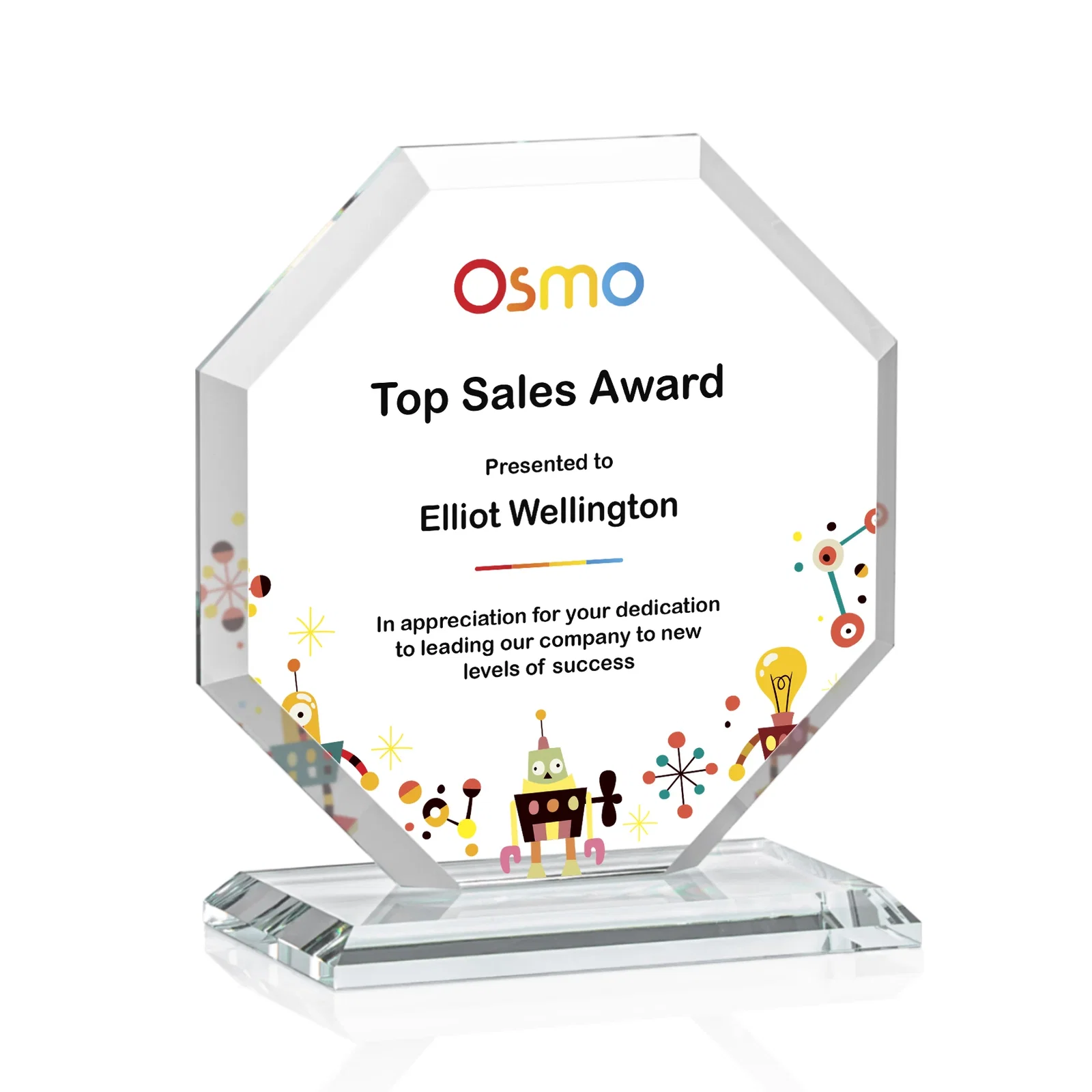Custom printed Starfire Crystal Octagon Award with Deep Mitered Edges for sales achievement awards