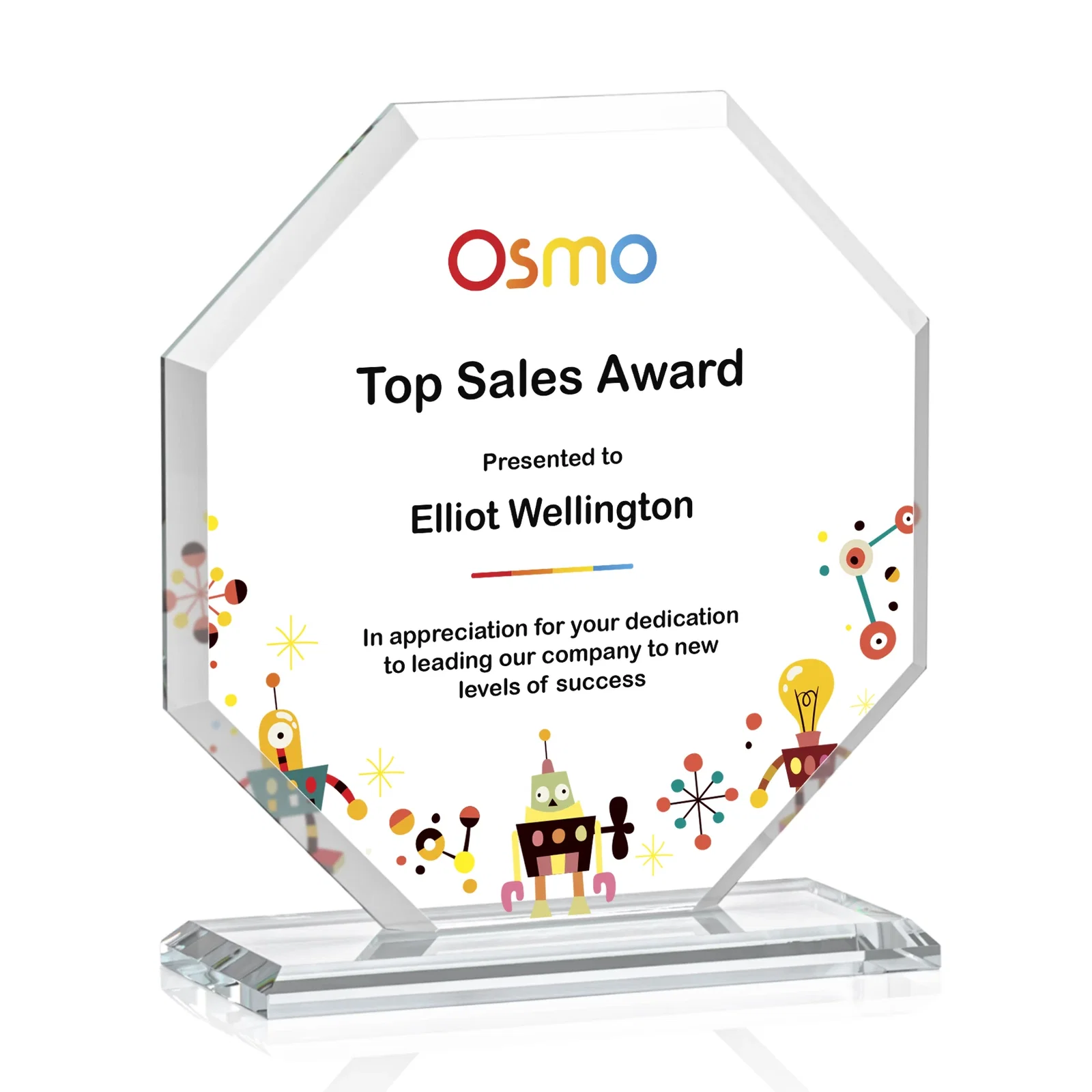 Custom printed Starfire Crystal Octagon Award with Deep Mitered Edges for team milestone celebrations