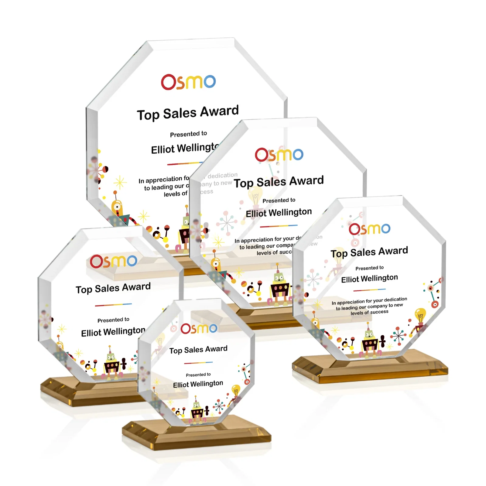 Custom printed Starfire Crystal Octagon Award with Deep Mitered Edges for donor appreciation