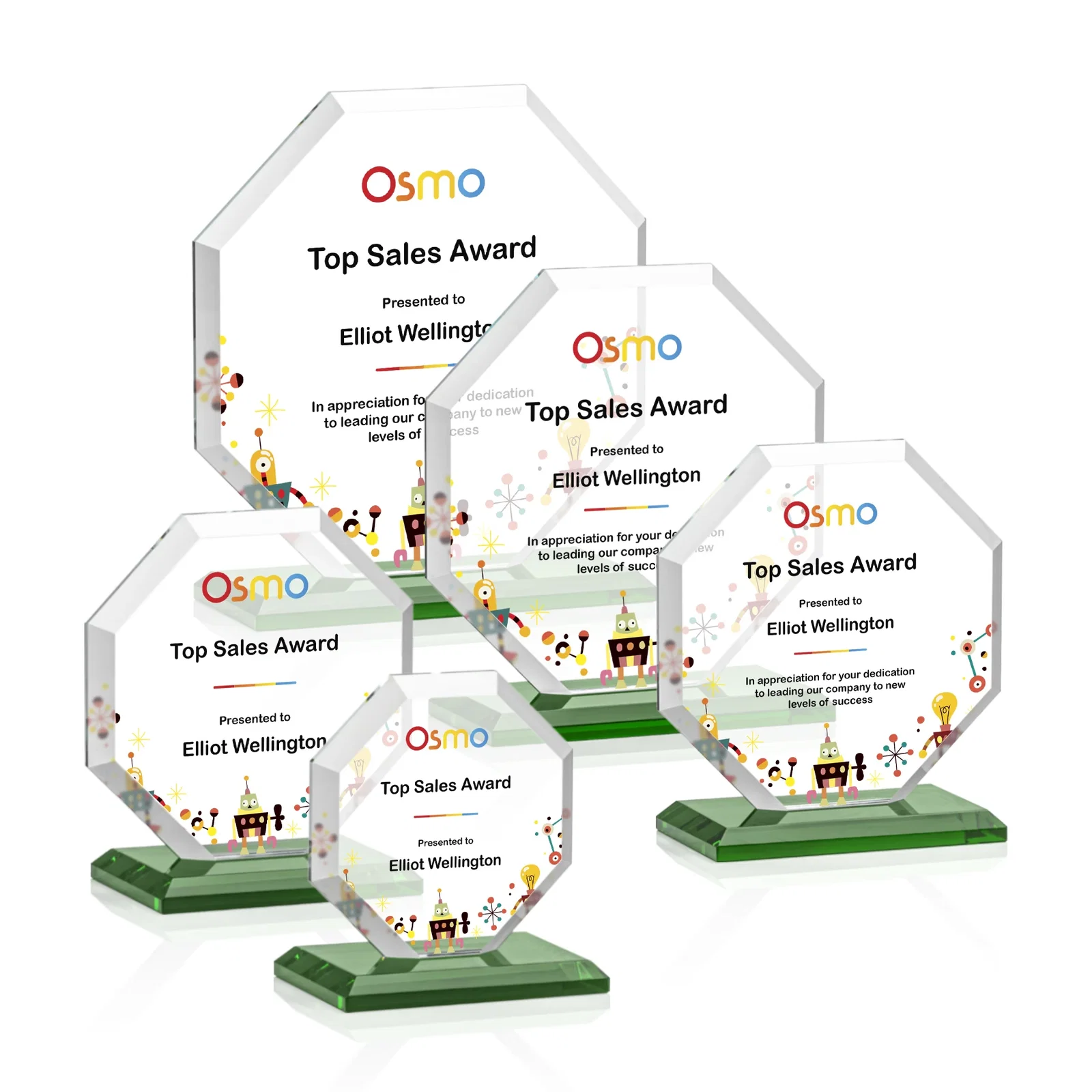Custom engraved Starfire Crystal Octagon Award with Deep Mitered Edges for employee recognition