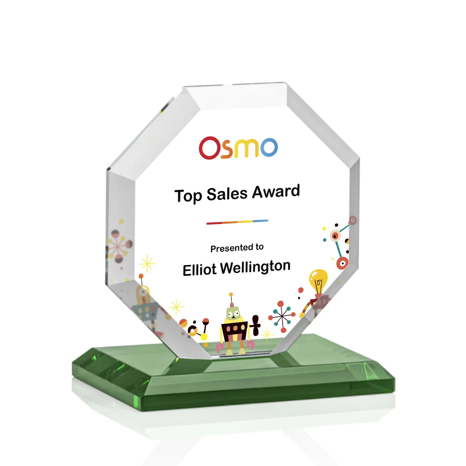Custom engraved Starfire Crystal Octagon Award with Deep Mitered Edges for corporate award ceremonies