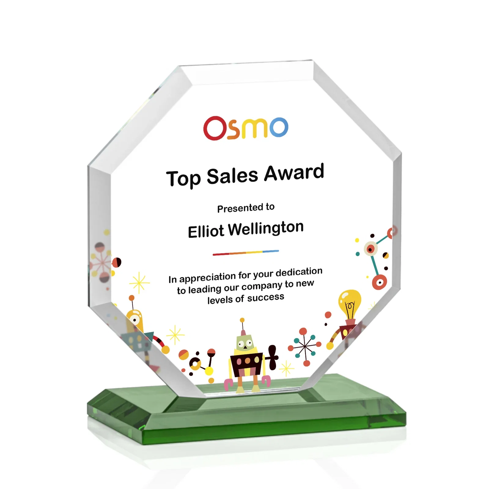 Custom engraved Starfire Crystal Octagon Award with Deep Mitered Edges for sales achievement awards