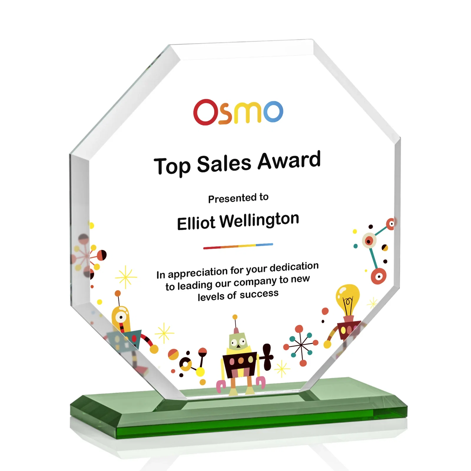 Custom engraved Starfire Crystal Octagon Award with Deep Mitered Edges for team milestone celebrations