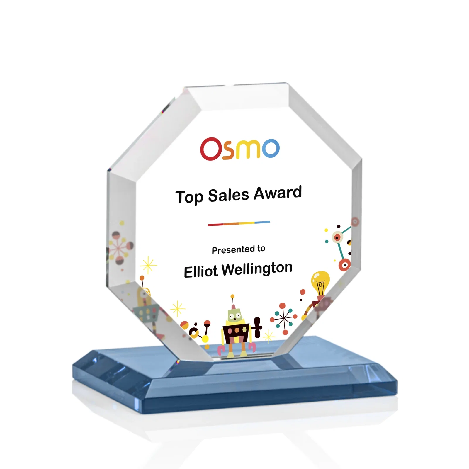 Custom Starfire Crystal Octagon Award with Deep Mitered Edges, with your logo for corporate award ceremonies