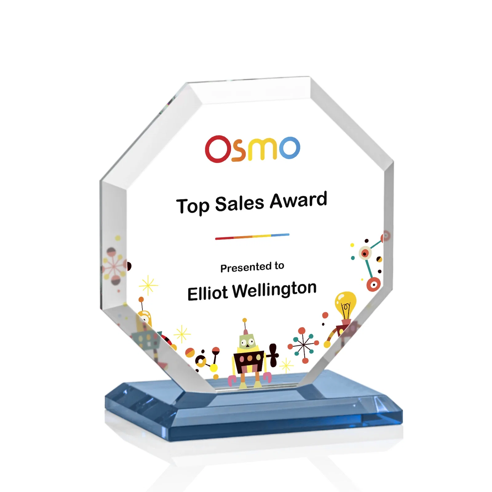 Custom Starfire Crystal Octagon Award with Deep Mitered Edges, with your logo for service anniversary gifts