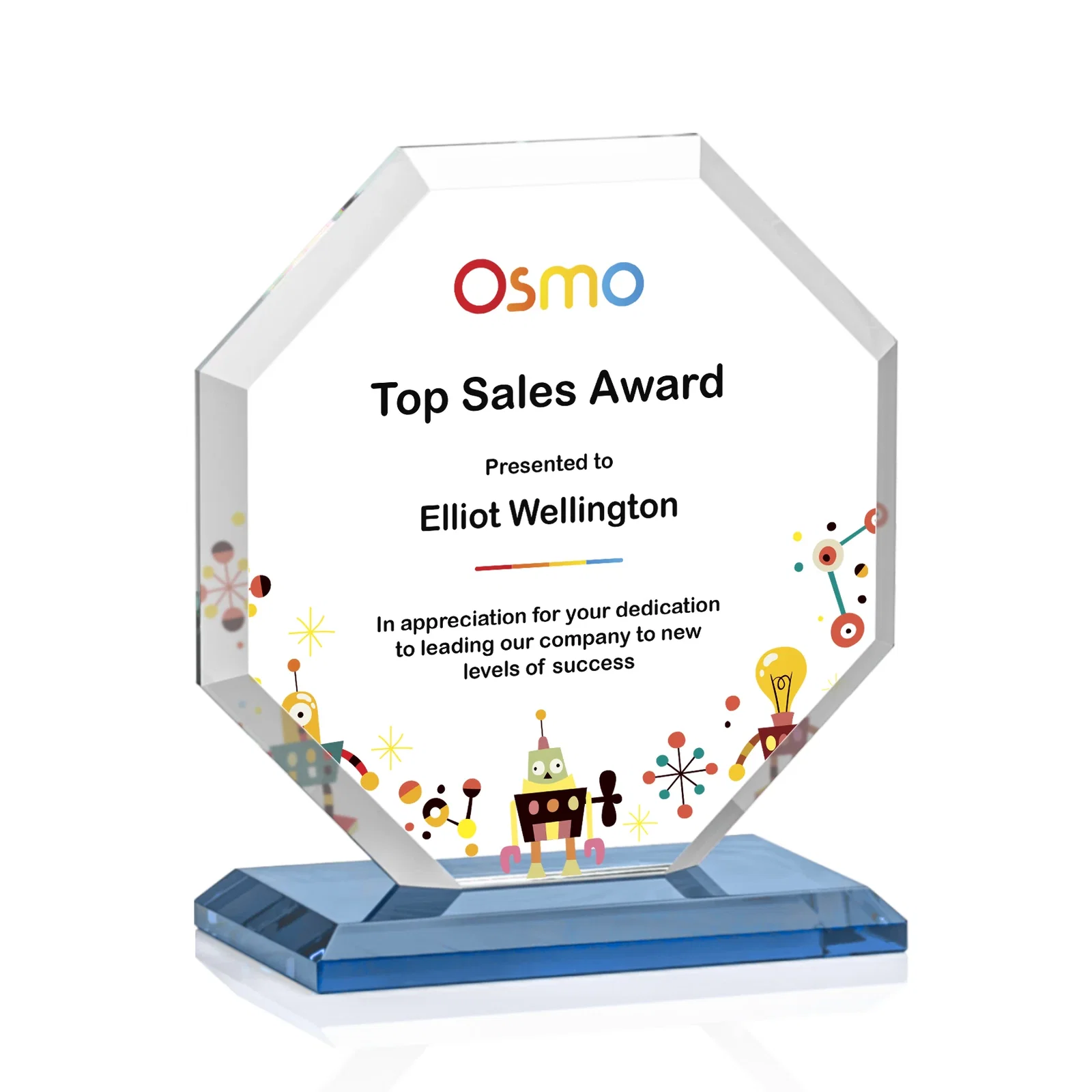 Custom Starfire Crystal Octagon Award with Deep Mitered Edges, with your logo for sales achievement awards