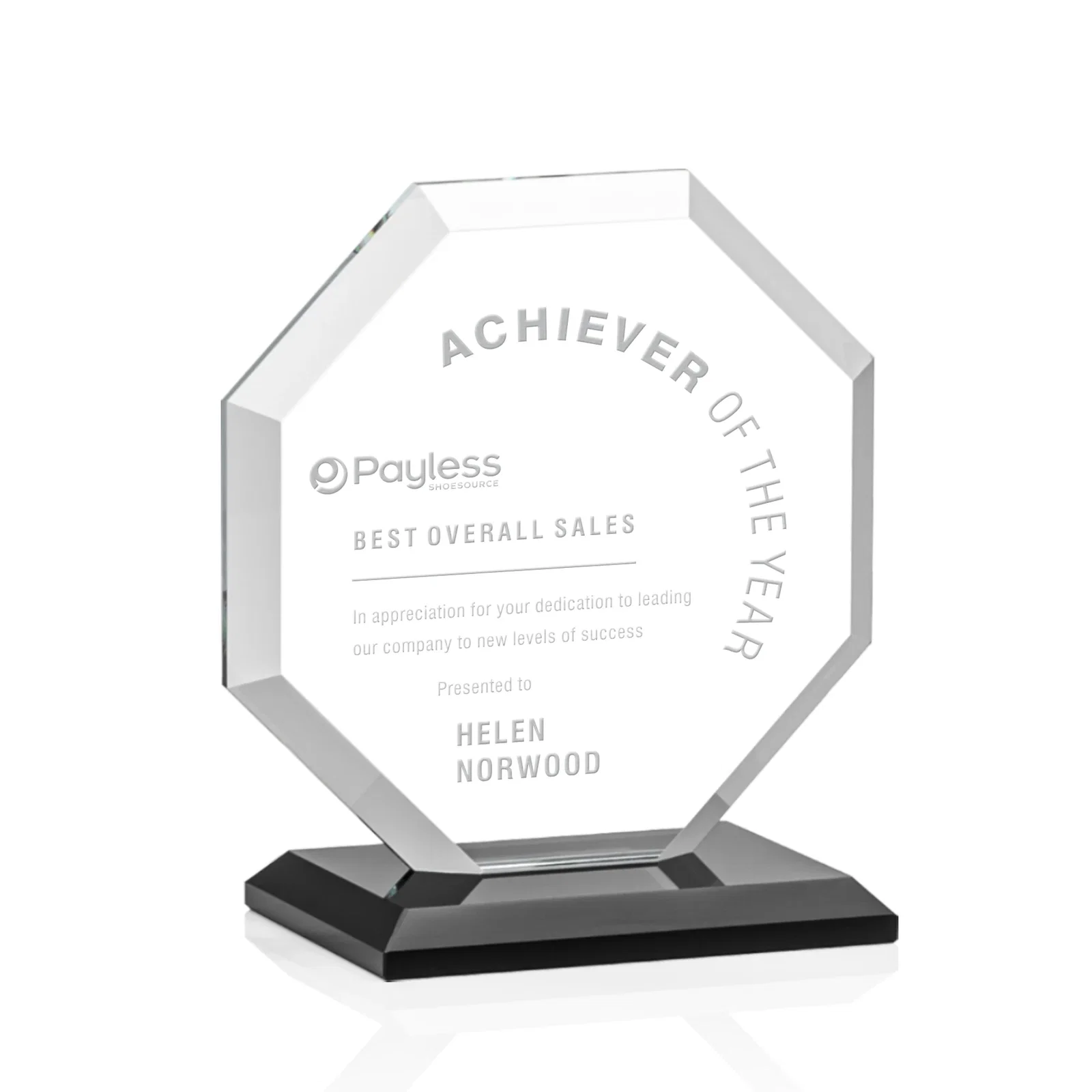 Custom Starfire Crystal Octagon Award with Deep Mitered Edges for safety achievement programs