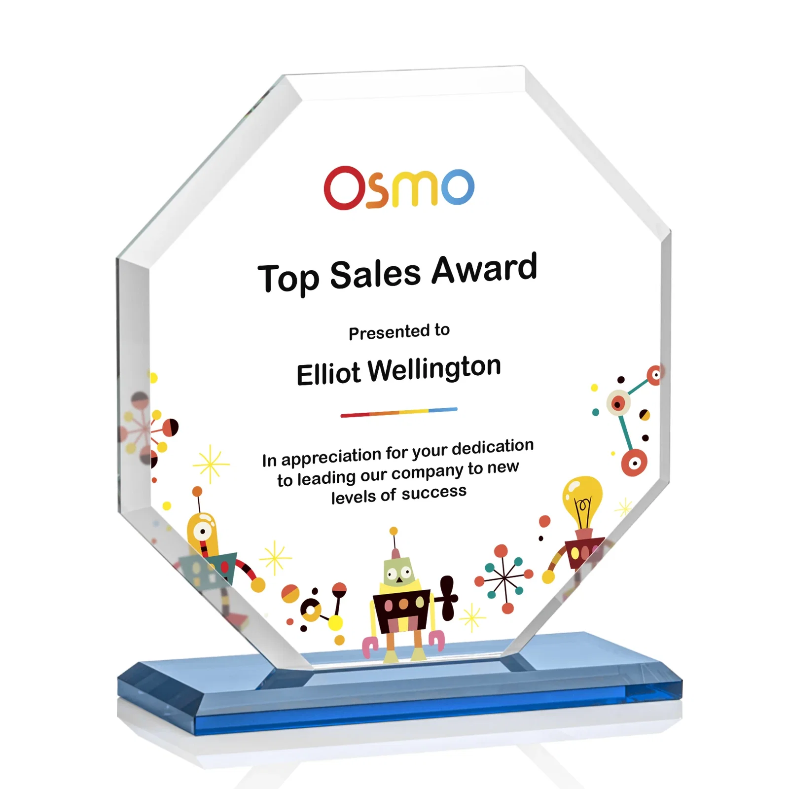 Custom Starfire Crystal Octagon Award with Deep Mitered Edges, with your logo for team milestone celebrations