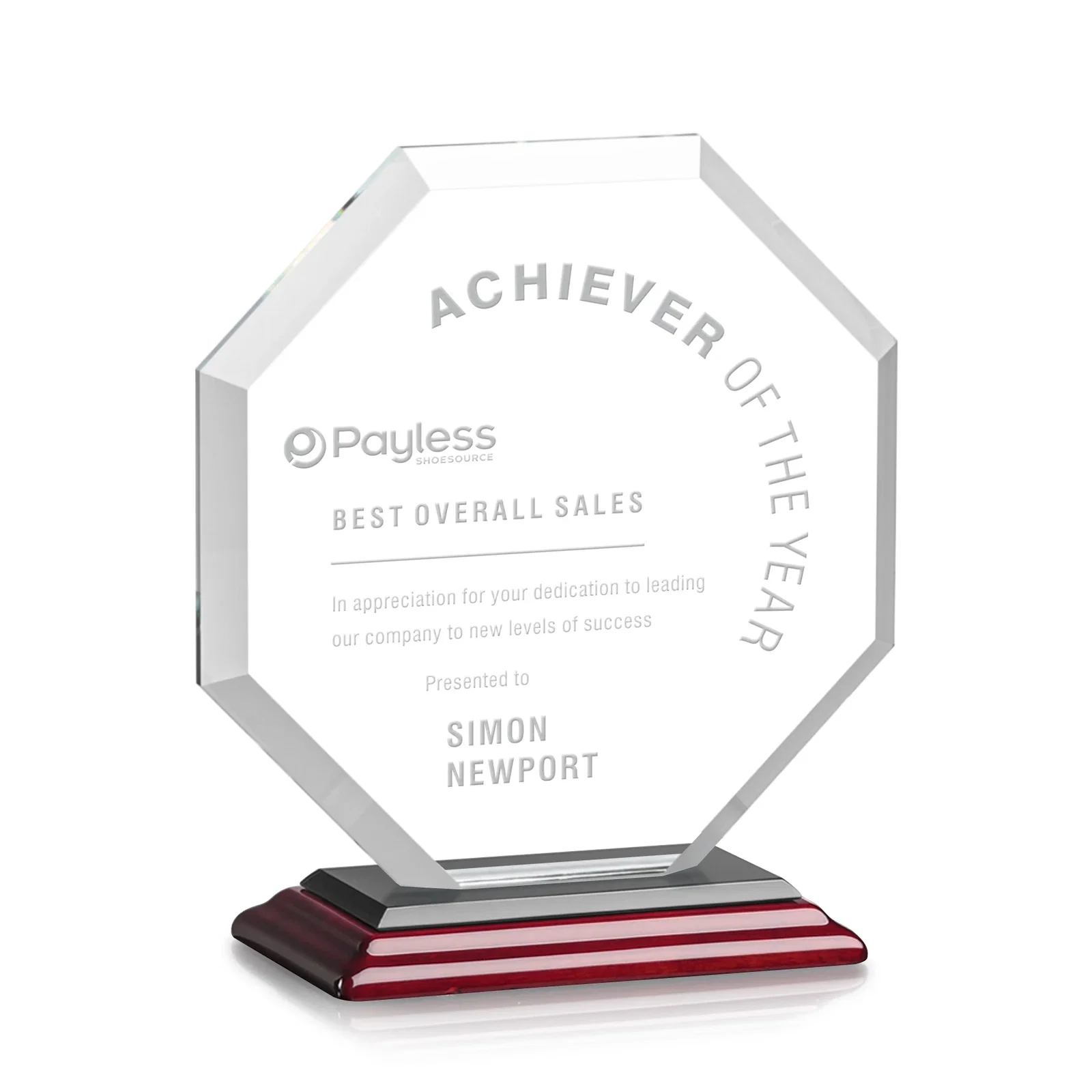 Personalized Starfire Crystal Octagon Award with Deep Mitered Edges, with your logo for service anniversary gifts