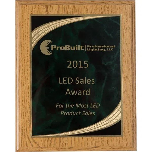 Light oak award plaque with lasered green and gold marble-design plate, gift boxed