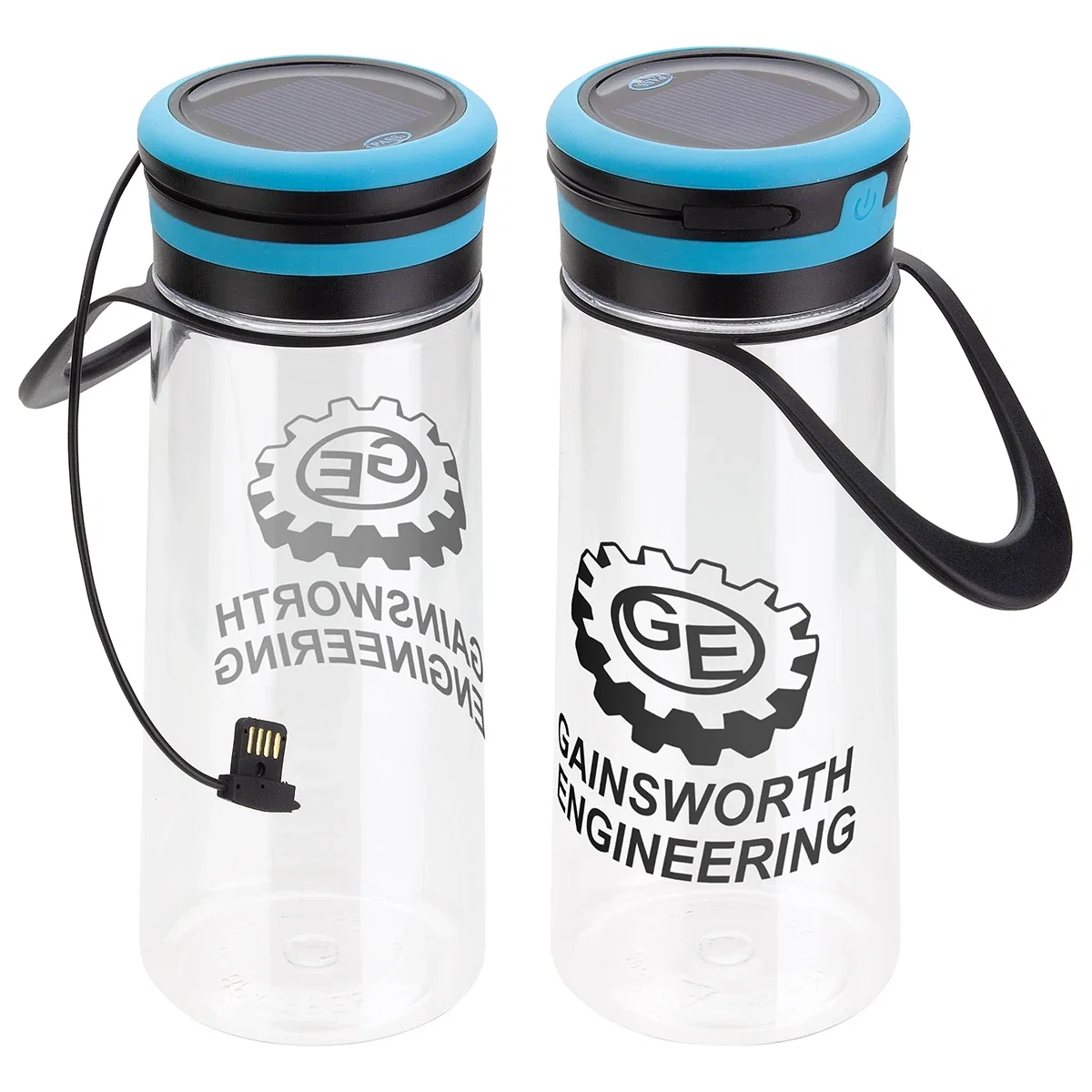 Custom Light-Up 20 oz Tritan Bottle with Solar Lantern lid, front view of the branded water bottle