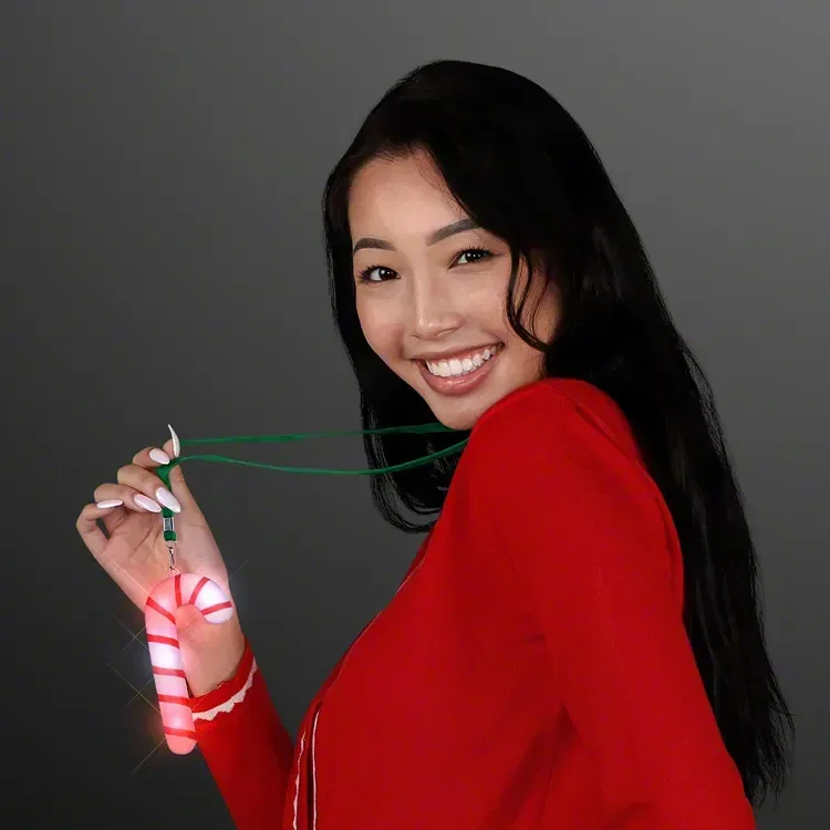Light Up Candy Cane Necklaces being worn