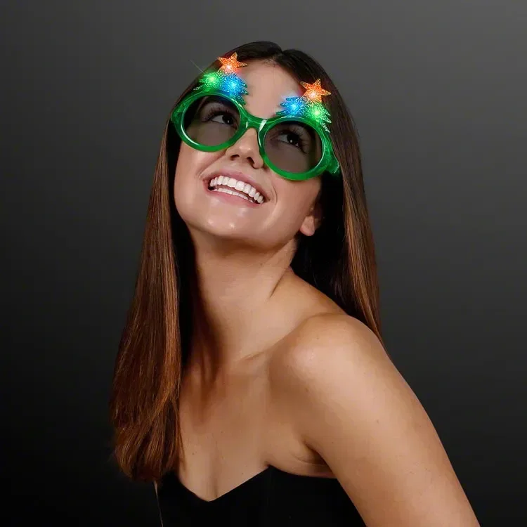 Light Up Christmas Tree Sunglasses being worn