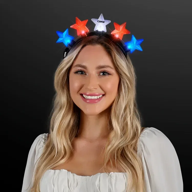 Light Up Stars Headband Red, White & Blue being worn