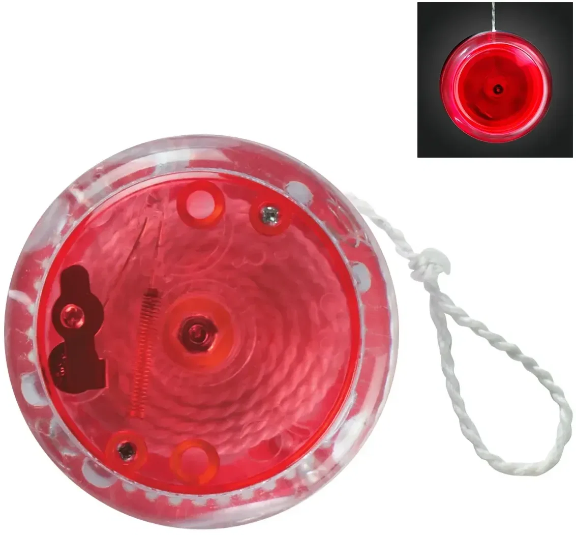 Light up spinning toy shown from the side with its string wound