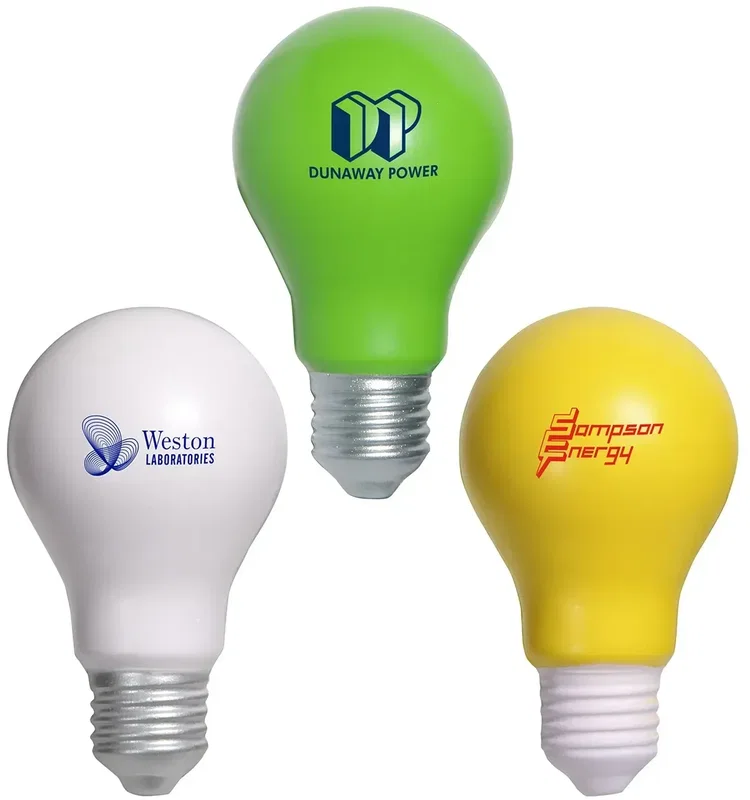 Lightbulb Stress Reliever, front view of the custom bulb-shaped squeeze toy with printable logo space