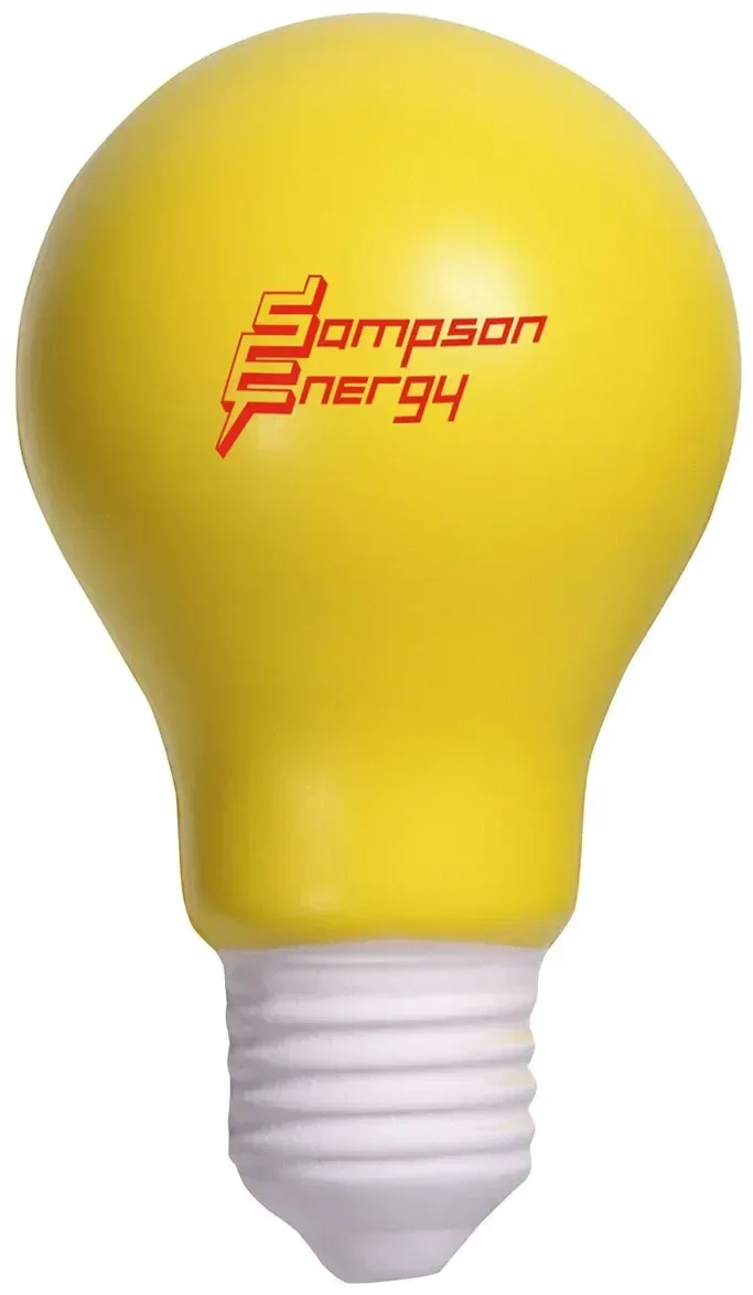Lightbulb Stress Reliever shown from the side, a branded bright-idea squeeze toy for trade show giveaways