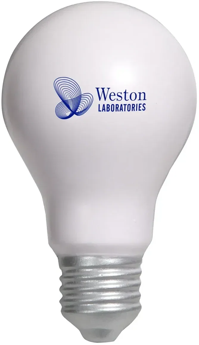 Lightbulb Stress Reliever held in hand, a branded classic-bulb squeeze toy for custom logo events