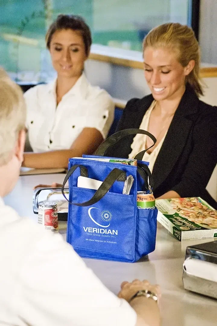 Branded Lightning Sack insulated lunch bag side view with handle