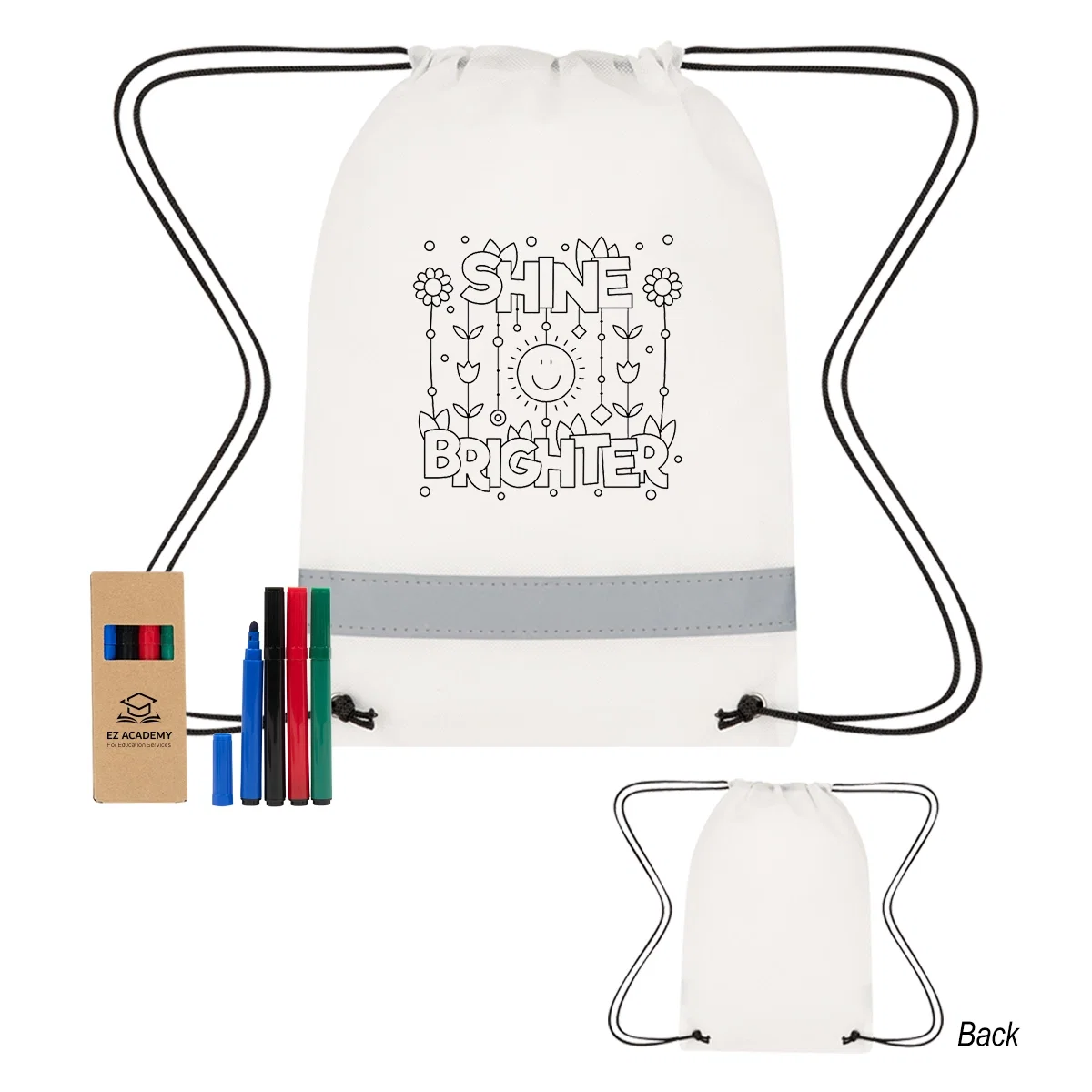 Non-woven drawstring bag paired with four washable markers