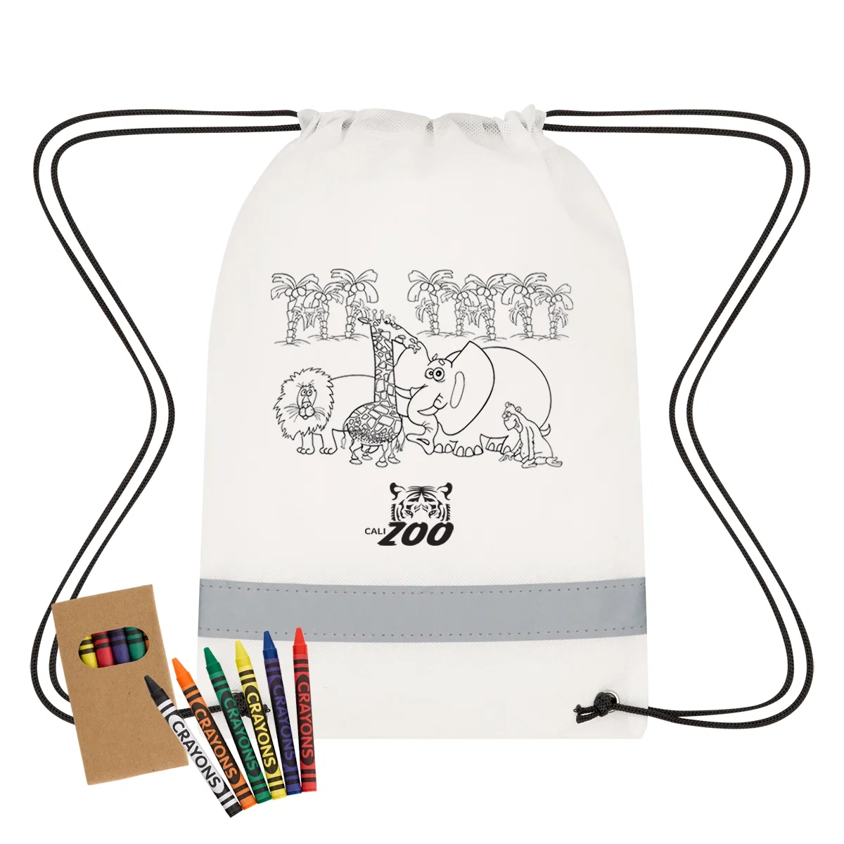 Kids coloring drawstring bag packaged with a set of crayons