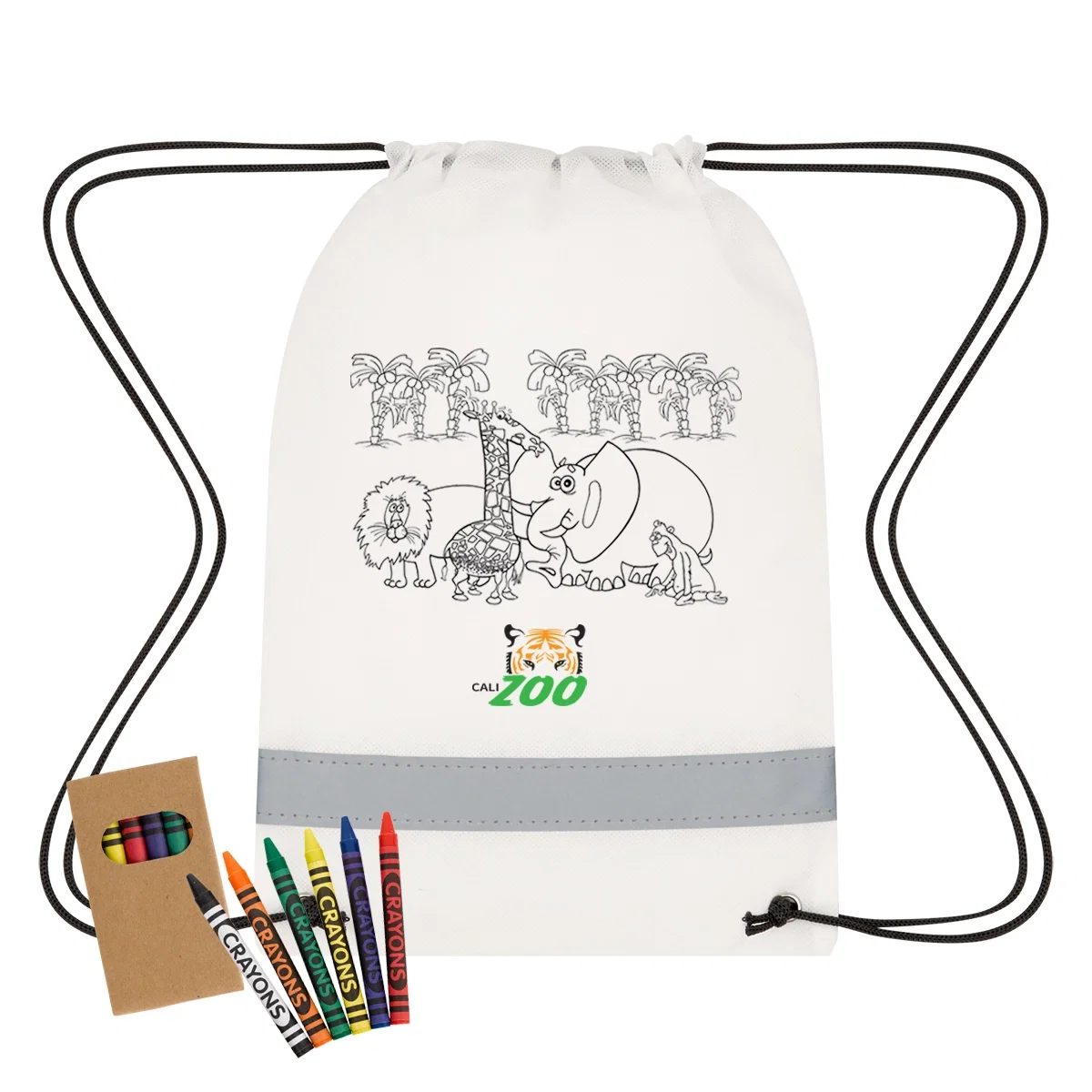 Crayons rest beside the white cinch sack