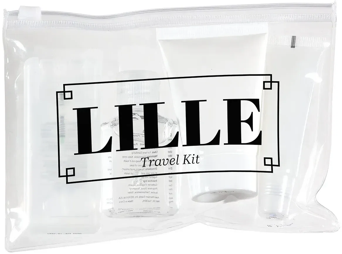 Lille 4-piece sanitizer travel kit with branded personal care items in a clear zip-top pouch