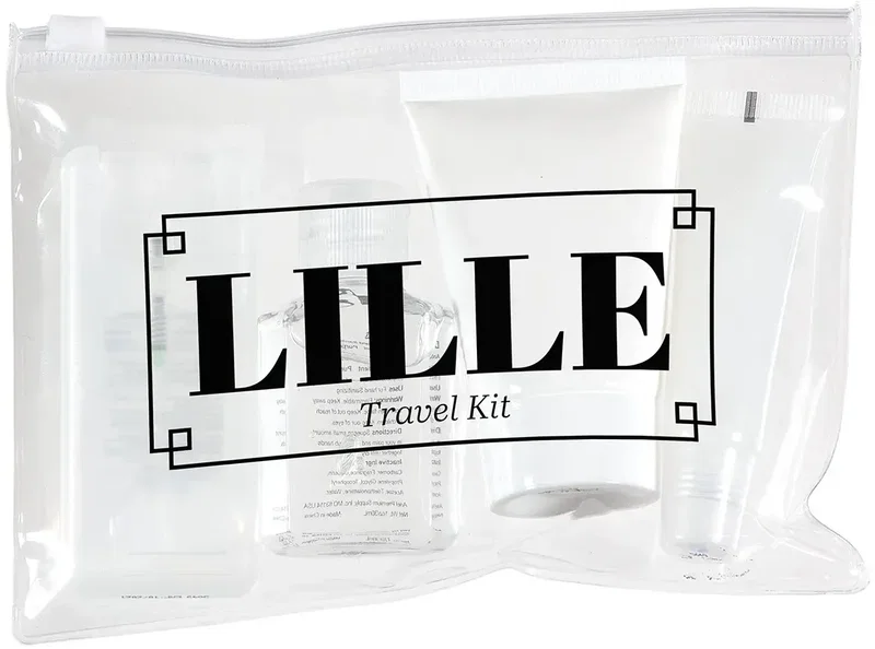 Lille 4-piece sanitizer travel kit with branded personal care items in a clear zip-top pouch
