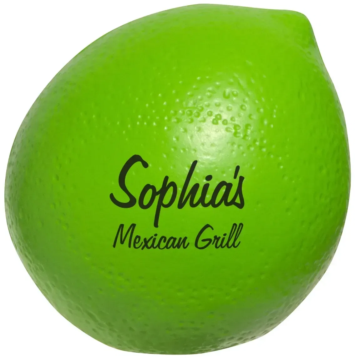 Custom lime-shaped promotional stress reliever, green squeeze toy for branded health fair giveaways