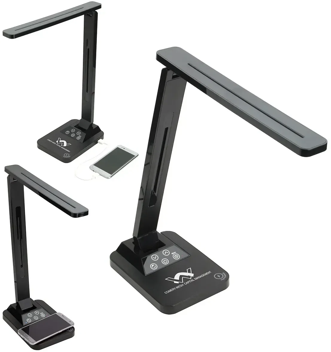 Limelight Wireless Charging Desk Lamp, a custom branded LED lamp with wireless charging pad, front view