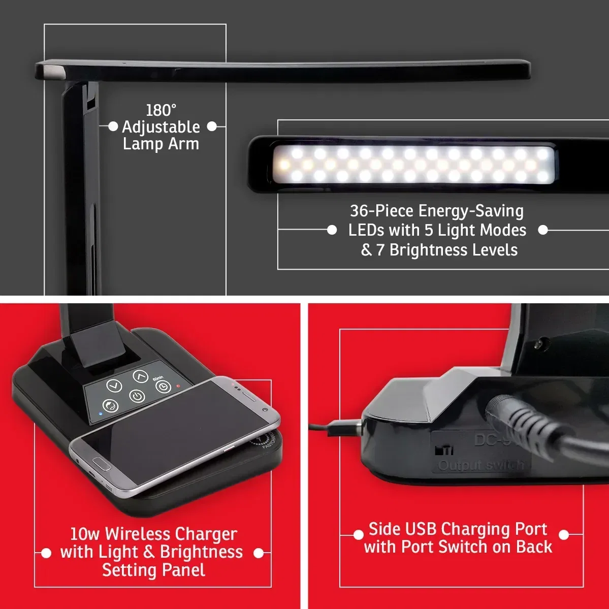 Custom Limelight desk lamp charging a phone on its wireless pad, promotional workspace light, angled view