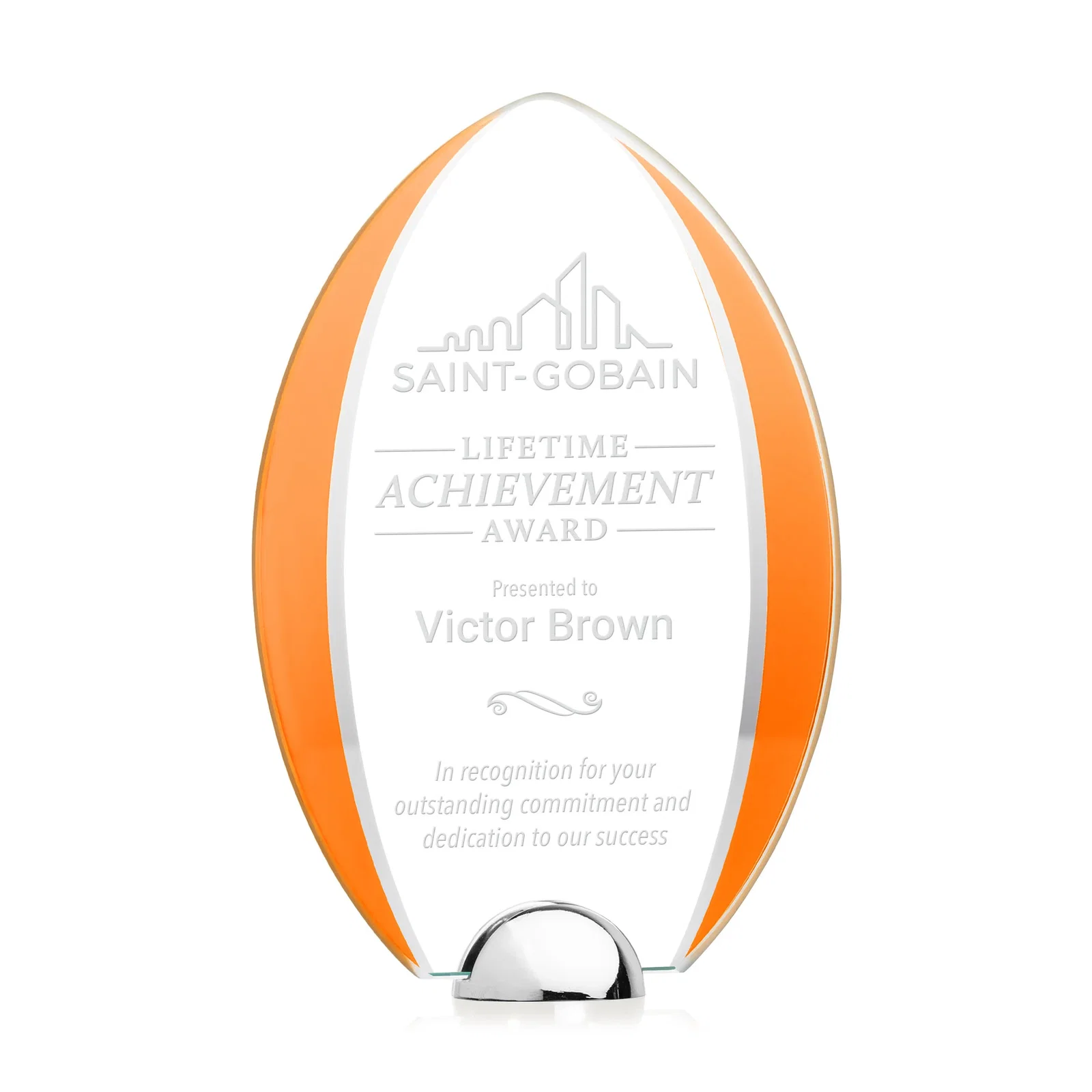 Personalized Starfire Crystal Arrowhead Award on Chrome Dome Base, metal awards for employee recognition