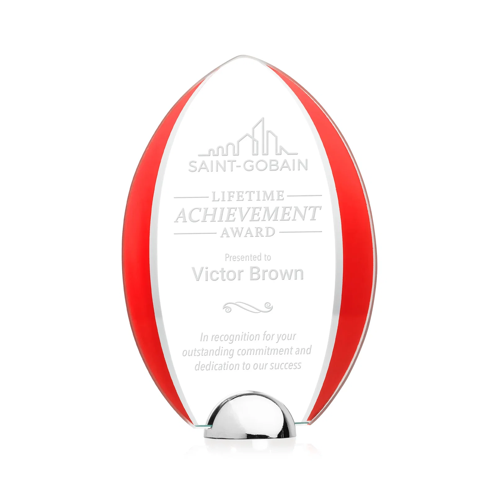 Personalized Starfire Crystal Arrowhead Award on Chrome Dome Base, metal awards for sales achievement awards