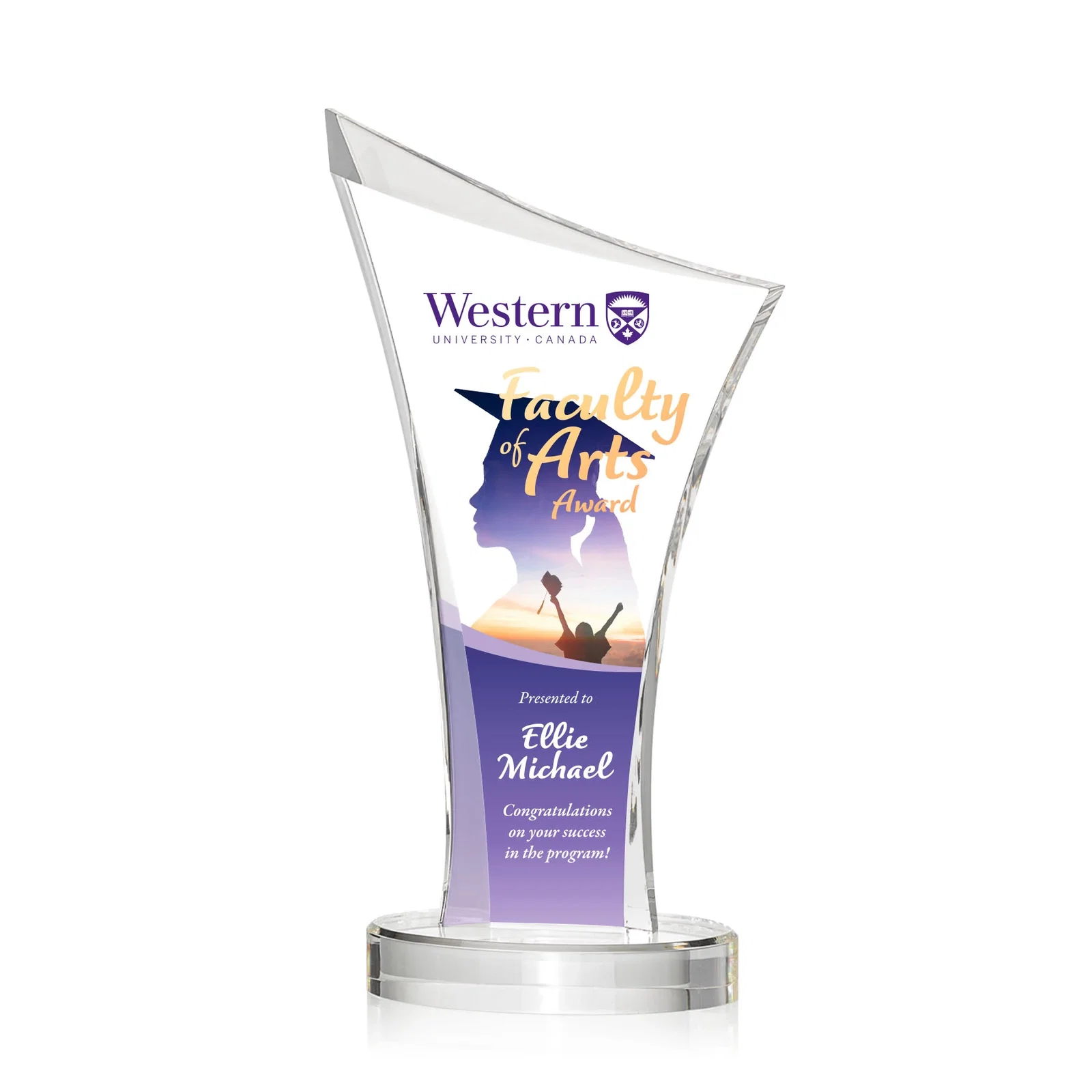 Custom Acrylic Ribbon Award with Slanted Peak for donor appreciation