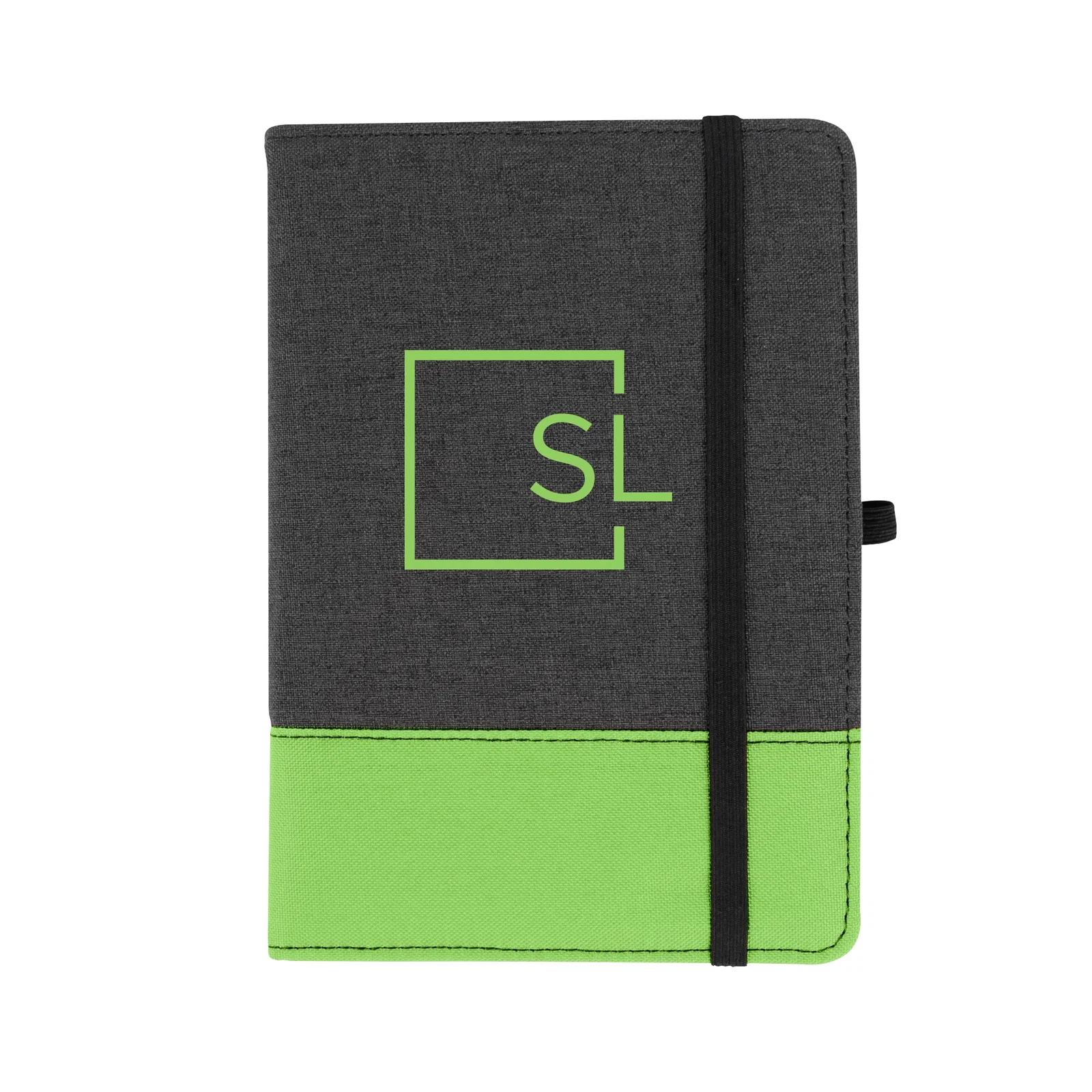 Lime green accent along the spine of the notebook