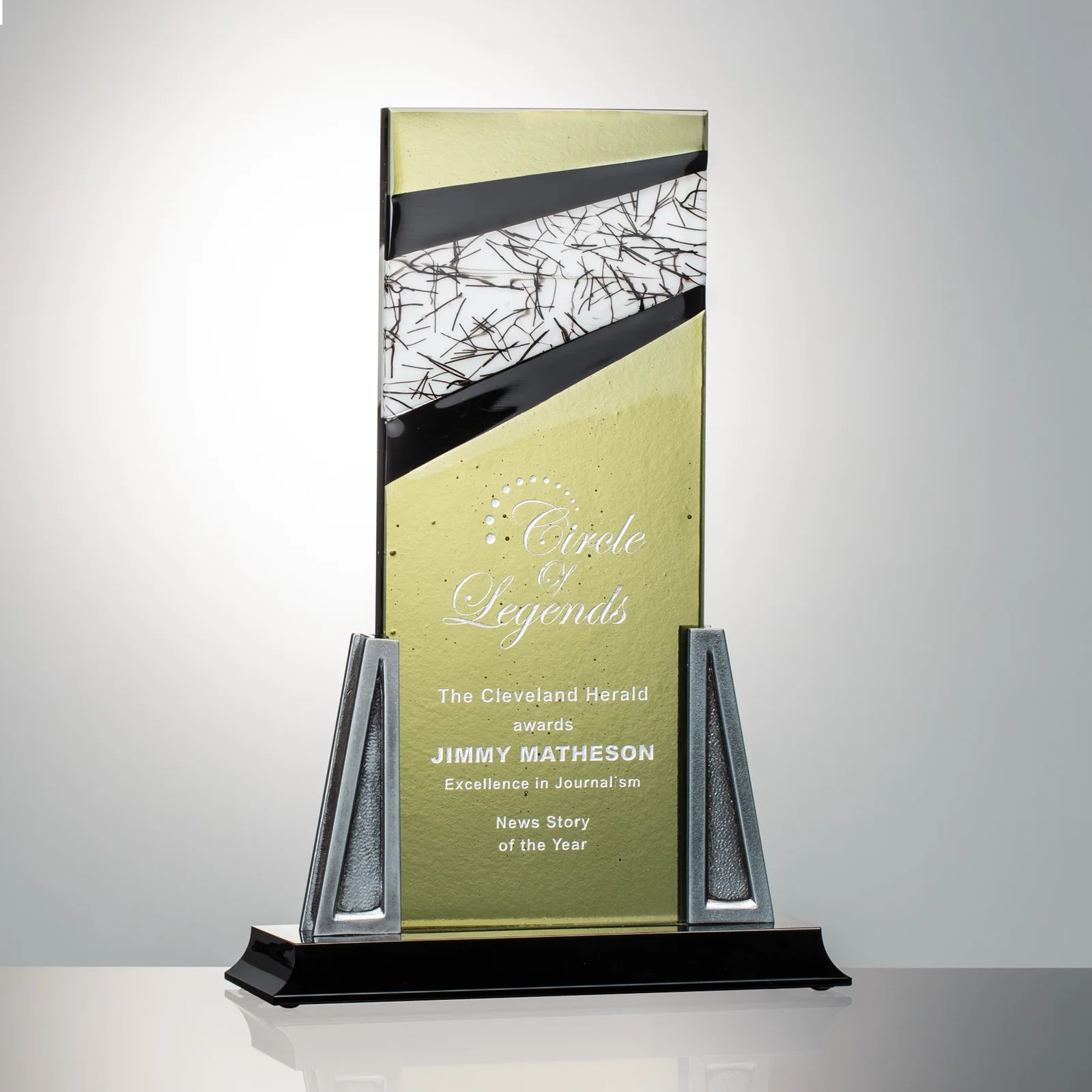 Custom Fused Art Glass Column Award With Black-Edged Stringer Accent for service anniversary gifts