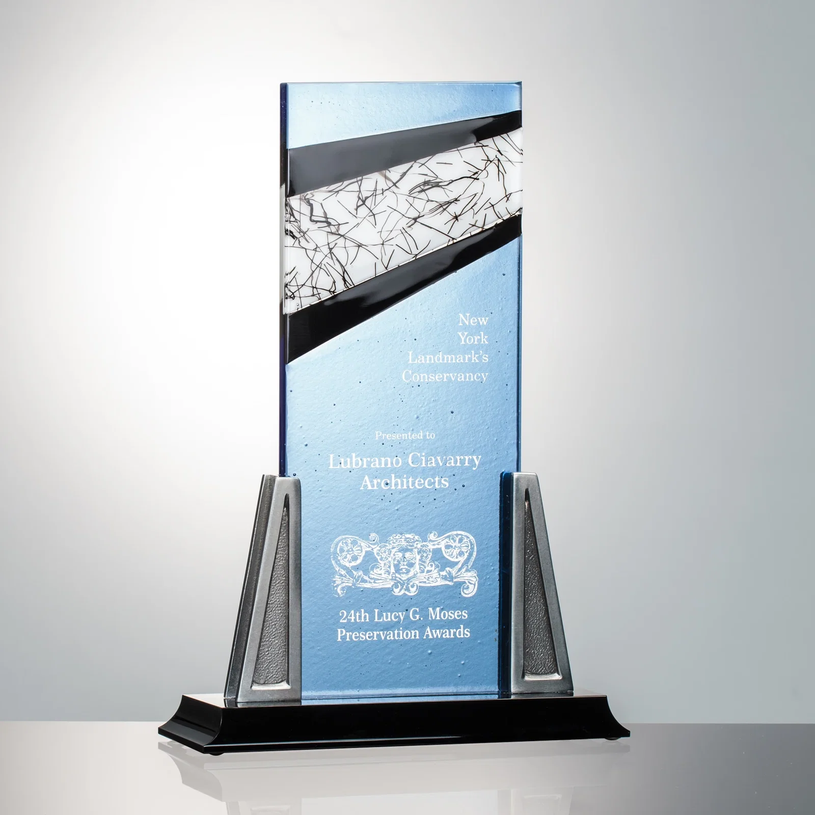 Custom Fused Art Glass Column Award With Black-Edged Stringer Accent for sales achievement awards