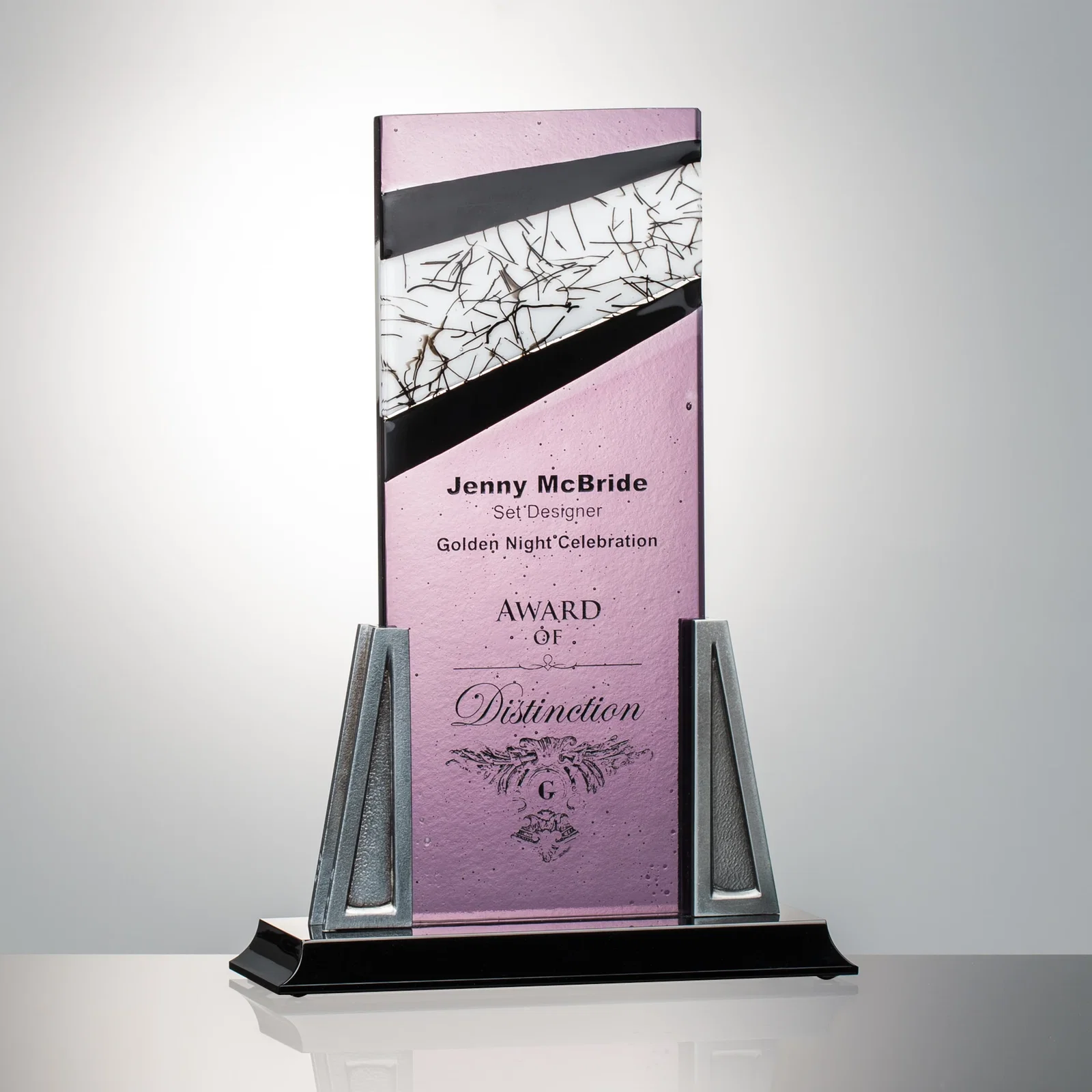 Custom Fused Art Glass Column Award With Black-Edged Stringer Accent for retirement presentations