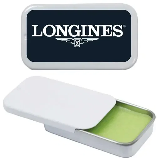 Lip moisturizer in a personalized slider tin, about two inches wide