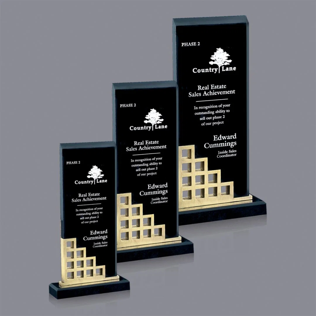 Custom Black Acrylic Award with Die-Cast Metal Geometric Accent for service anniversary gifts
