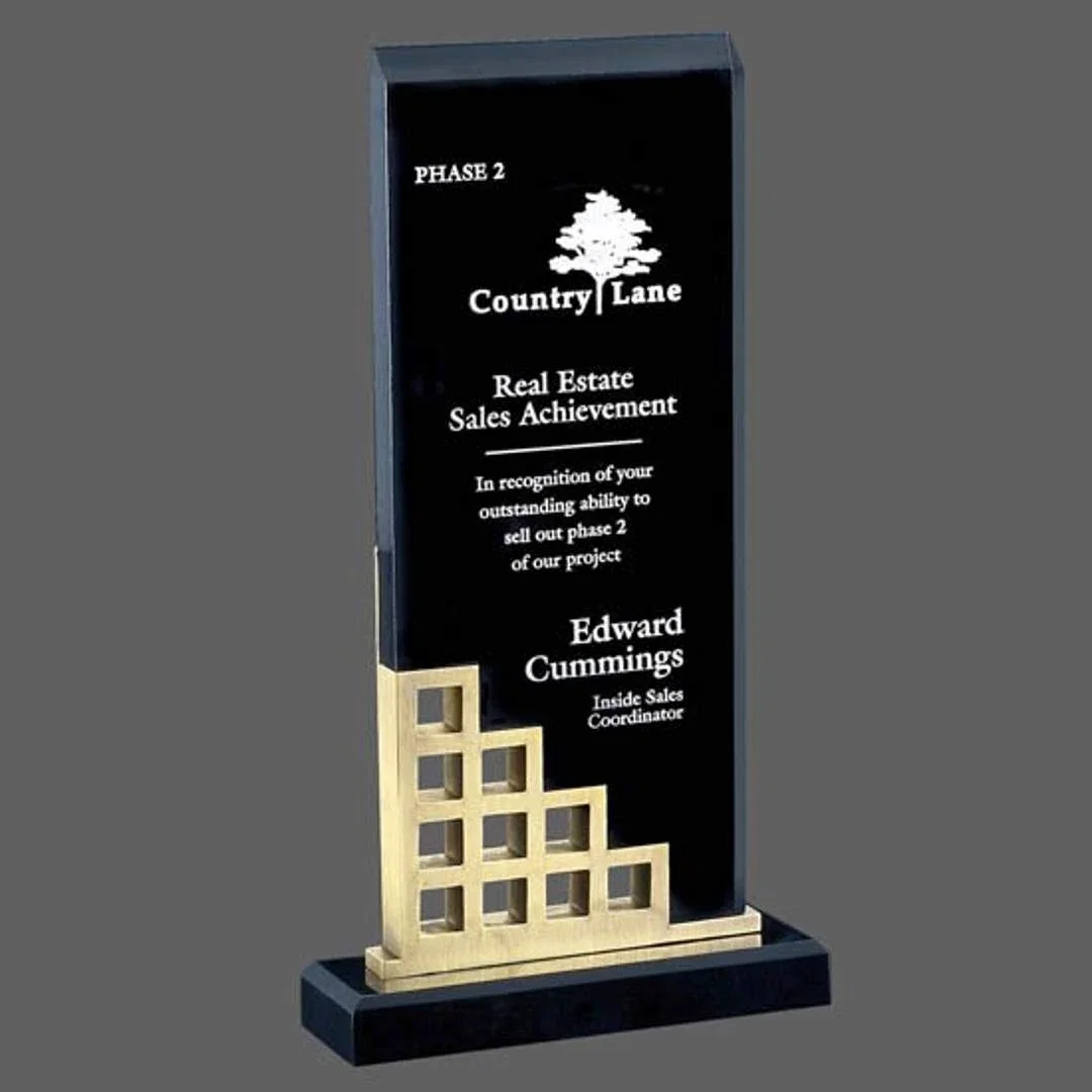 Custom Black Acrylic Award with Die-Cast Metal Geometric Accent for sales achievement awards